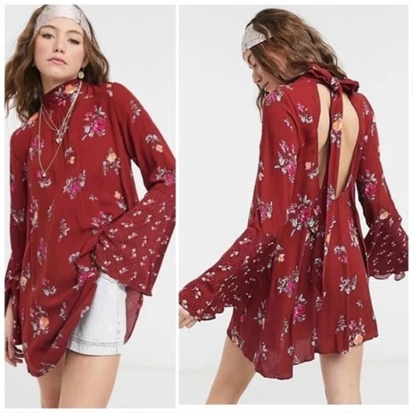 Free People Tate Tunic / Mini Dress Burgundy Vintage Combo Floral Print Size XS - Picture 3 of 14